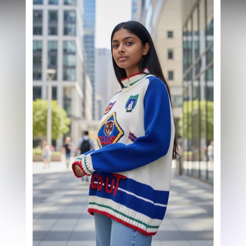 Vintage 80s Scout Club Sweater XXL Colorful Shoulder Pads Retro Oversized